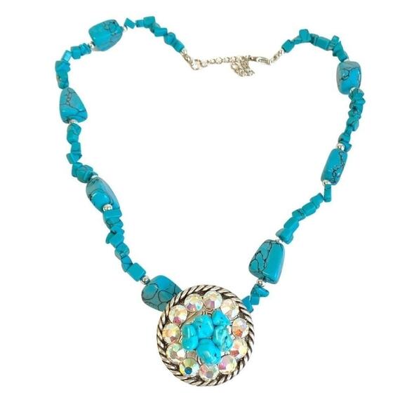 Turquoise Nugget Necklace Aurora Borealis Crystal Iridescent Enhancer Pendant - Picture 1 of 10